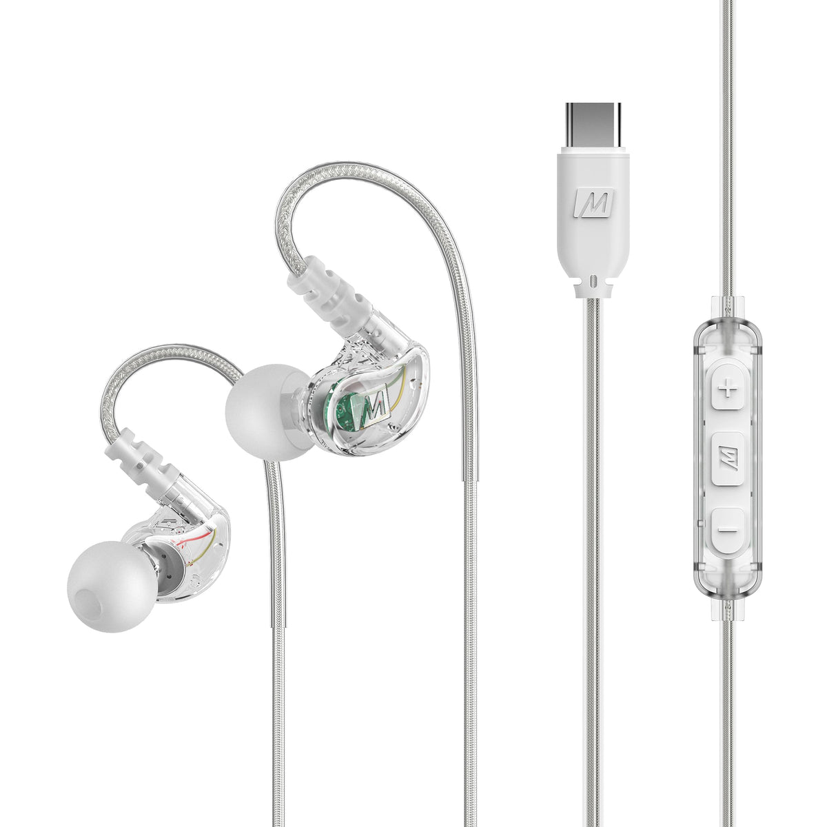 MEE audio M6 Sport USB-C Wired Earbuds with Memory Wire Earhooks Headset with Mic & 3-Button Remote for iPhone 16 iPad Other USB Type C Devices; in Ear Headphones for Running/Gym/Workouts Clear